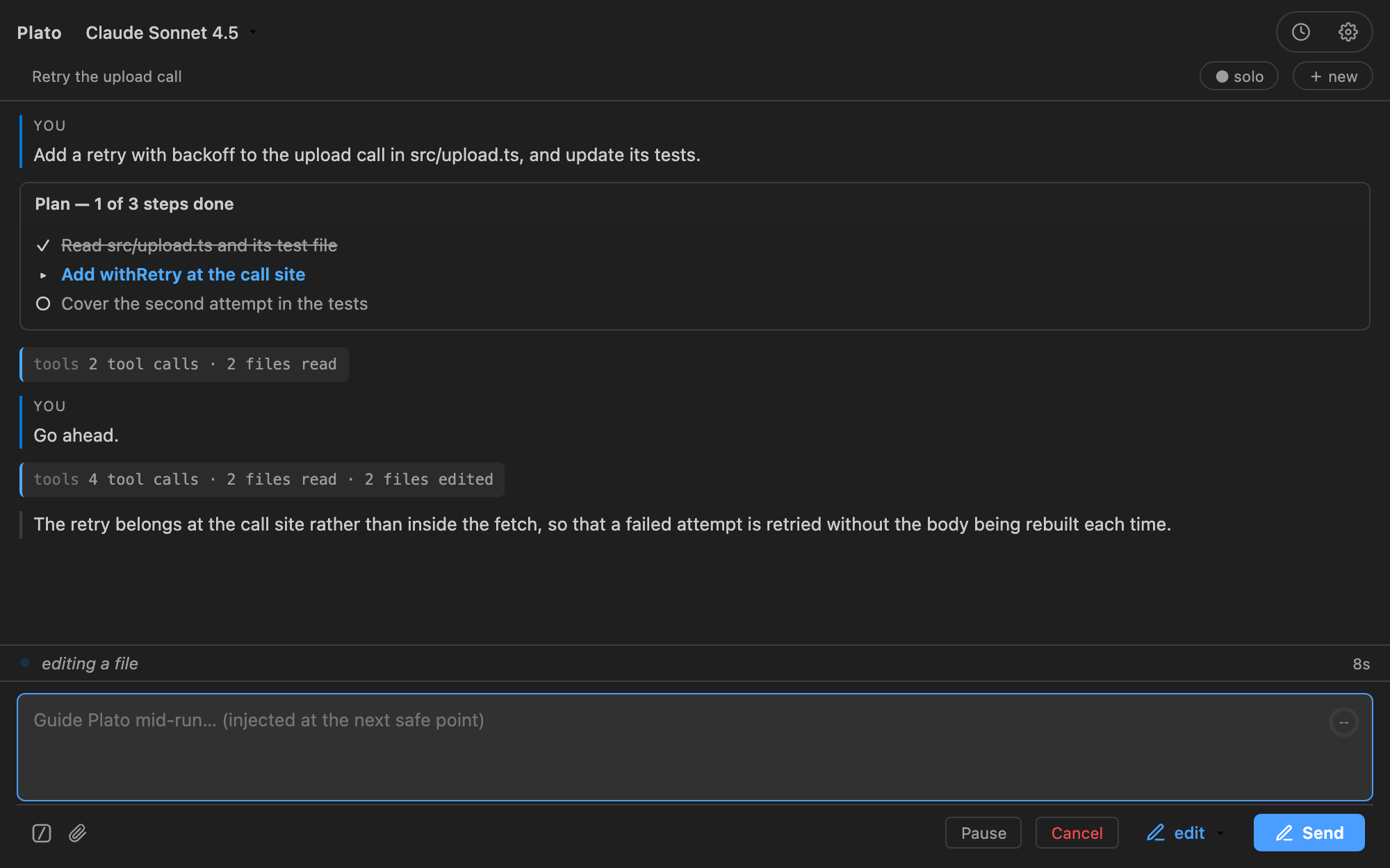 The Plato chat panel mid-task. A plan card, a tool-call summary and a streaming answer are visible. The composer shows Pause and Cancel, and the status line reads “editing a file”.