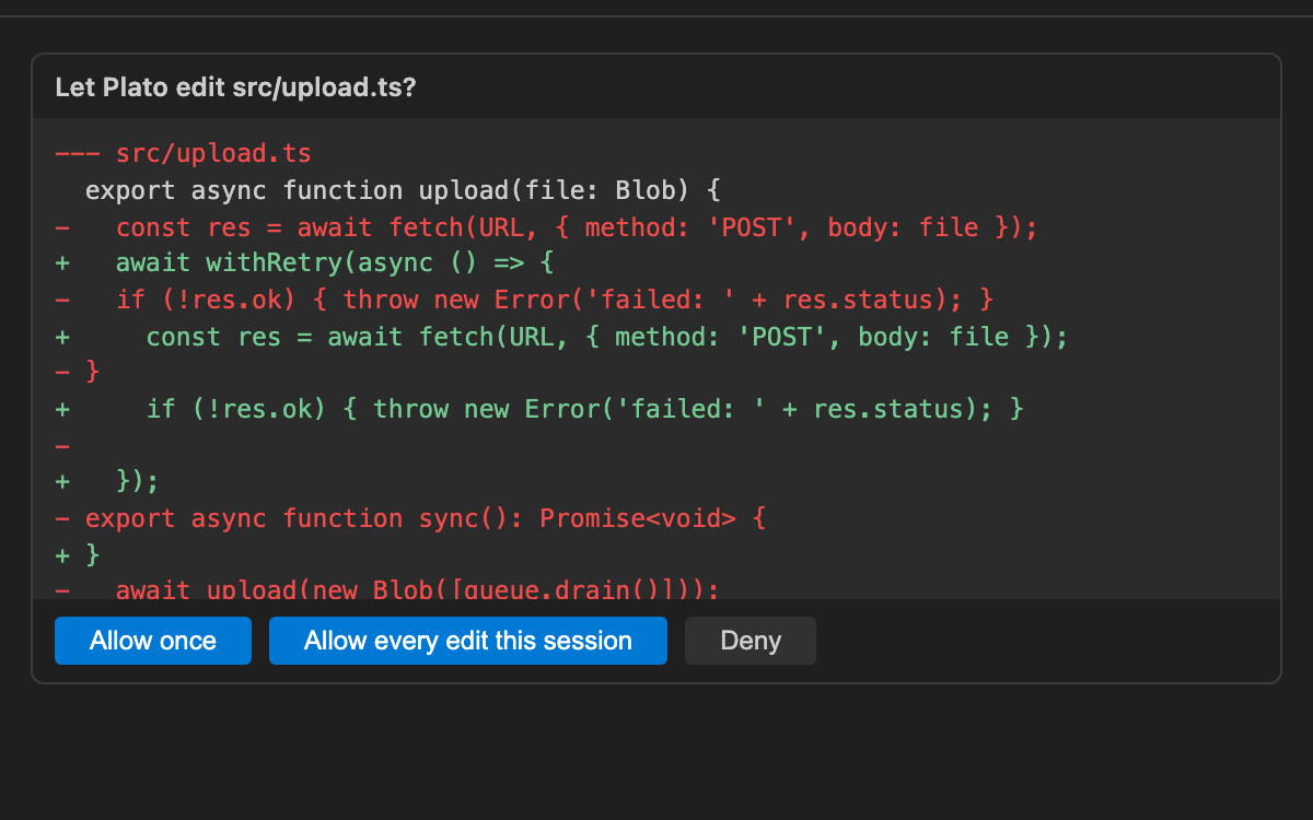 An approval card asking “Let Plato edit src/upload.ts?”. Below the heading is a unified diff showing a fetch call wrapped in a retry helper, with removed lines in red and added lines in green. Three buttons read “Allow once”, “Allow every edit this session” and “Deny”.