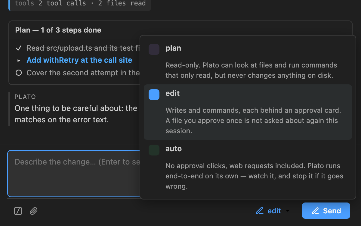 The mode picker open above the composer. Three modes are listed with their descriptions; edit is marked active.