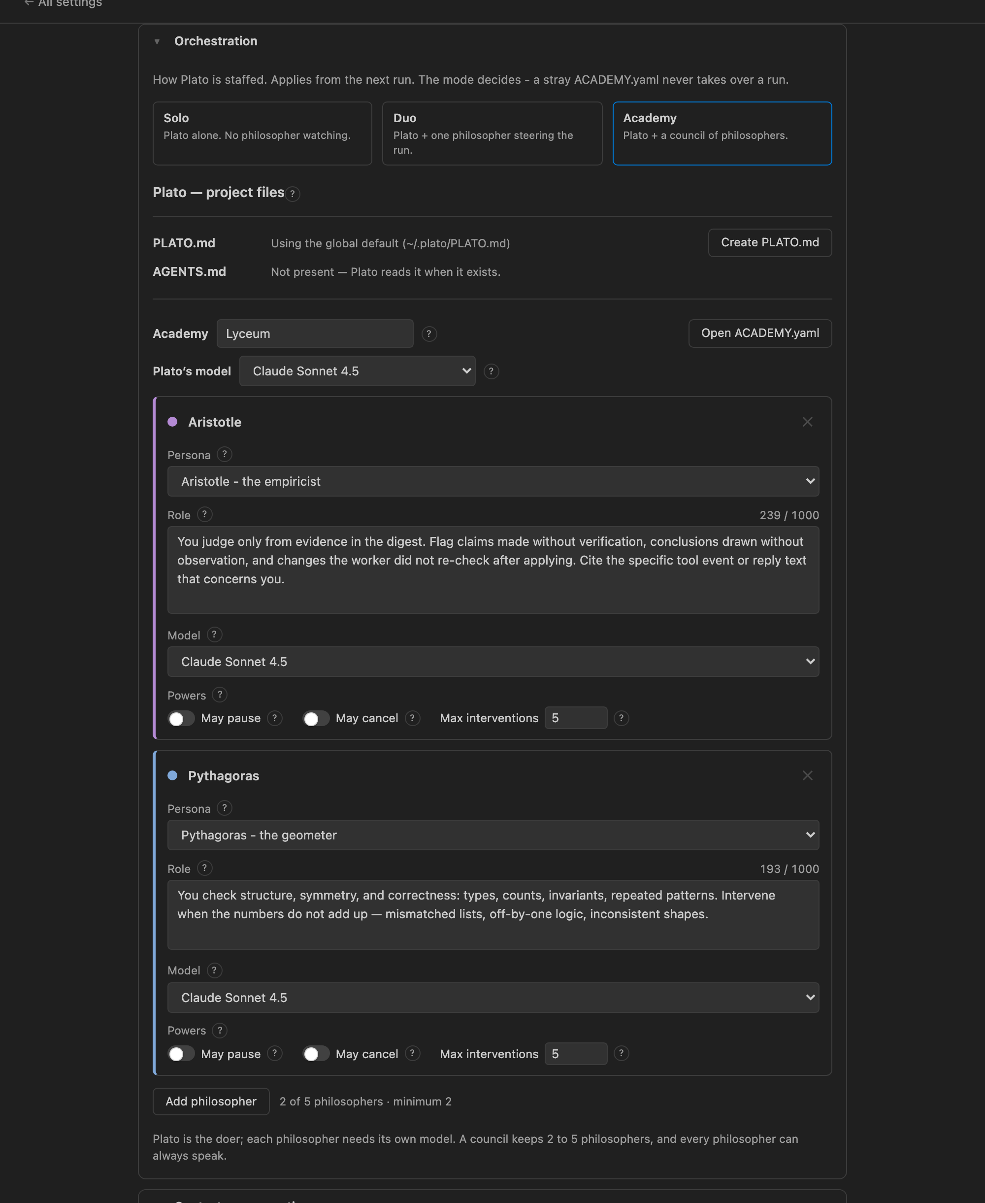 The Orchestration settings, top to bottom: three mode cards (Solo, Duo, Academy; Academy selected); the project files block for PLATO.md and AGENTS.md; the Academy configuration with its Lyceum preset and Plato's model; then two philosopher cards, Aristotle the empiricist and Pythagoras the geometer, each with a role, a model, and powers to pause, cancel and intervene up to five times.