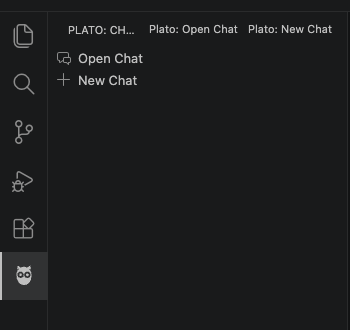 The VS Code activity bar with the Plato owl mark at the bottom of the icon column, active. To its right, the Plato sidebar shows its two rows: Open Chat and New Chat.