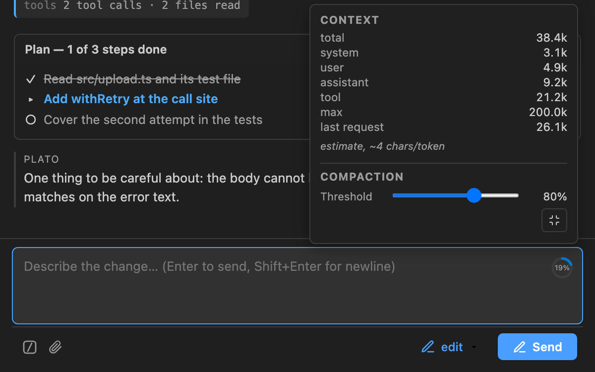 The context panel pinned open. It lists total, system, user, assistant and tool token counts, the maximum, the last request, and a compaction threshold slider set to 80 percent. A note reads that the figures are an estimate.
